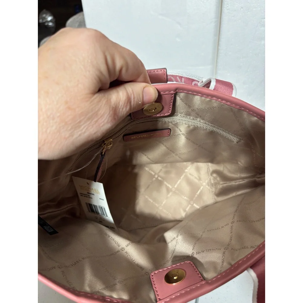 Michael Kors Tote Bag‎ Canvas Leather Trim Logo Straps Pink Gold NEW